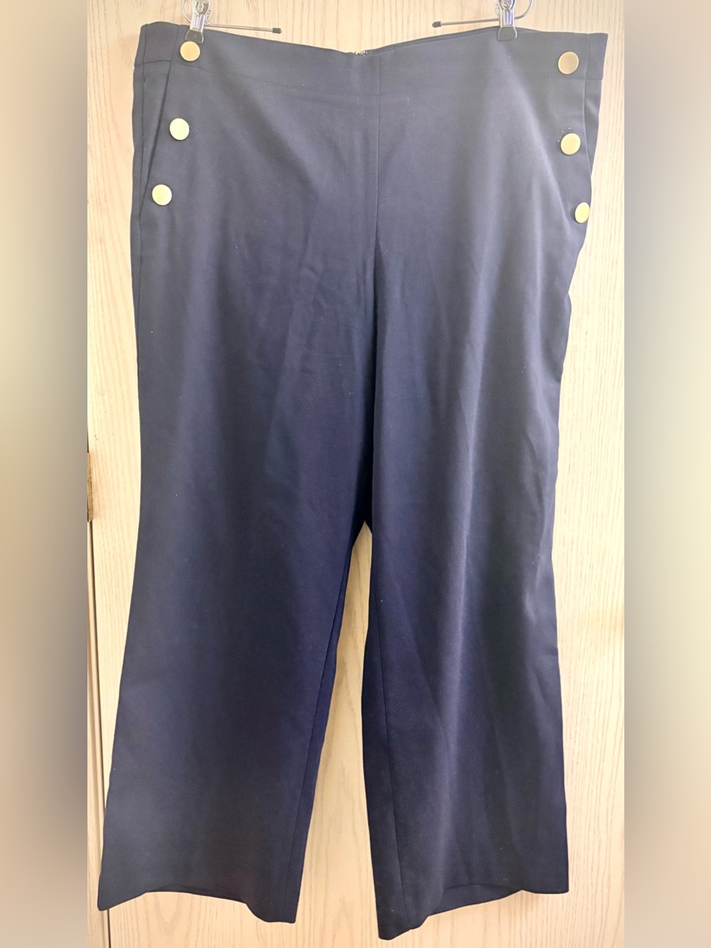 LOFT Navy Wide-Leg High-Rise Trousers with Brass Buttons